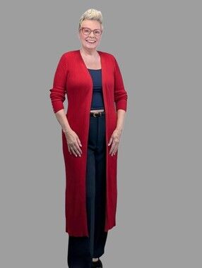 Nygard Red Long Ribbed Open Front Duster Cardigan Size Medium